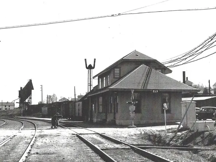 The depot with a mine headframe beyond