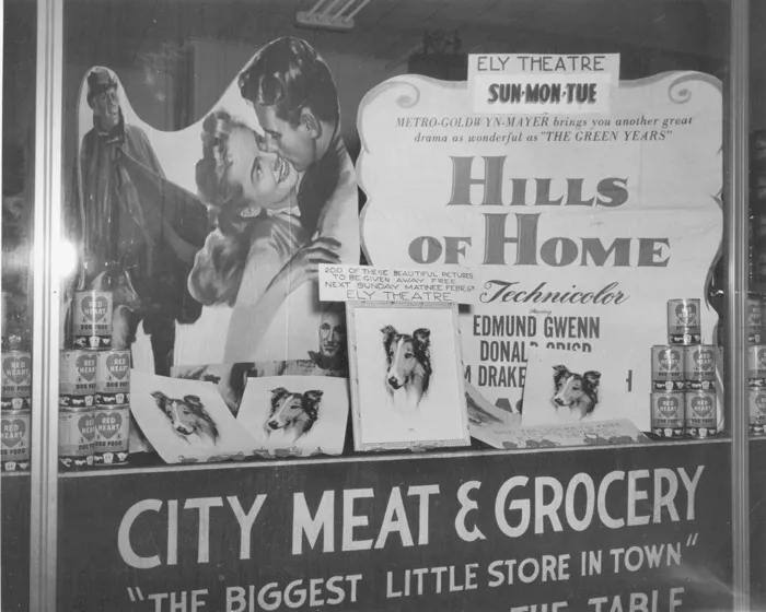 City Meat and Grocery window with a Hills of Home movie display, pictures of Lassie and stacks of Red Heart dog food