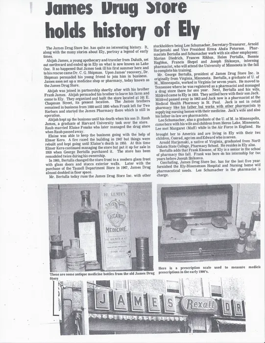 Ely Echo article titled James Drug Store holds history of Ely, with photos of antique medicine bottles, a prescription scale and the James Rexall sign