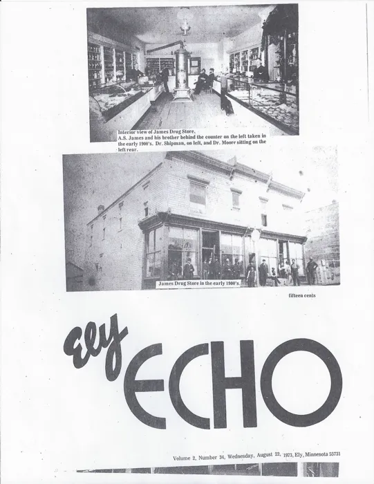 Ely Echo front page from August 22, 1973 with photos of the James Drug Store interior and exterior