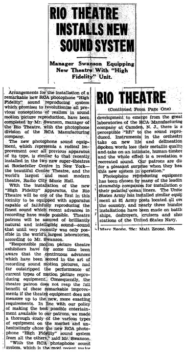 Ely Miner clipping from September 1936: Rio Theatre Installs New Sound System