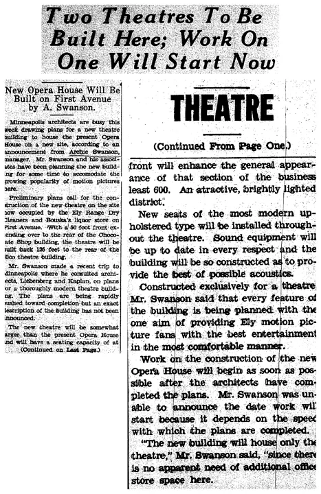 Ely Miner clipping from April 1935: Two Theatres To Be Built Here; Work On One Will Start Now