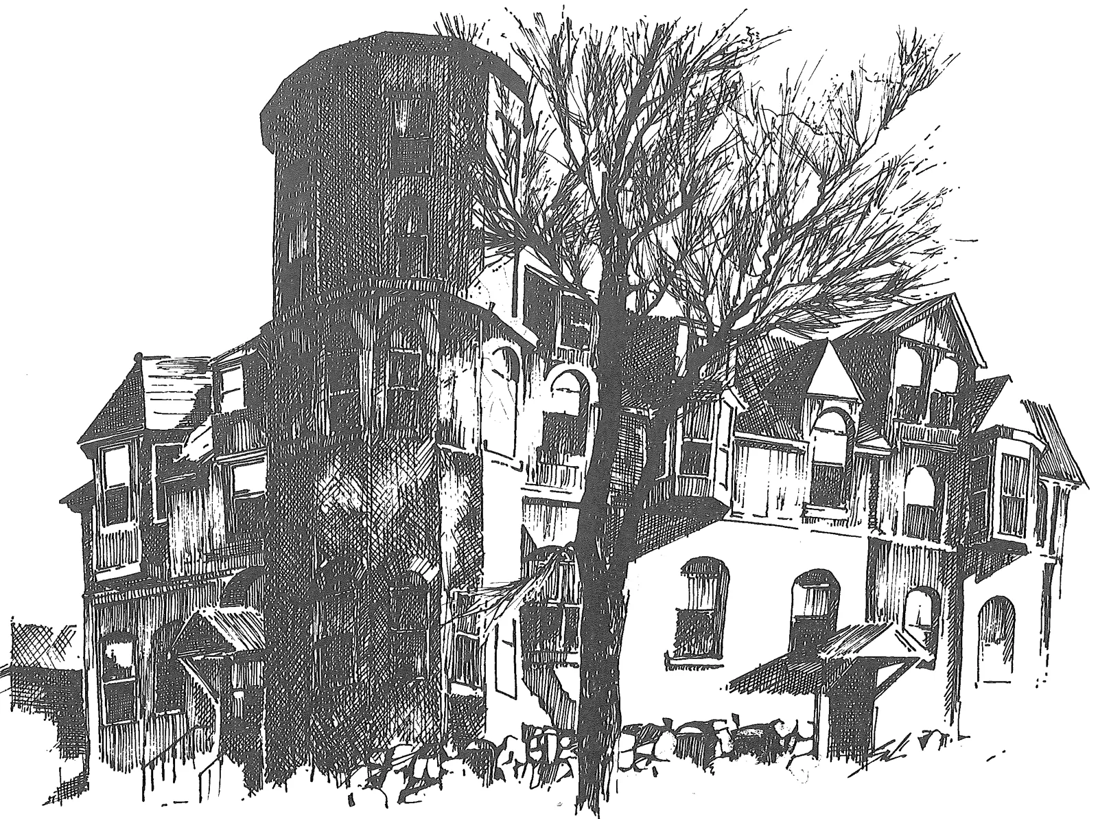 Pen and ink drawing of the hospital