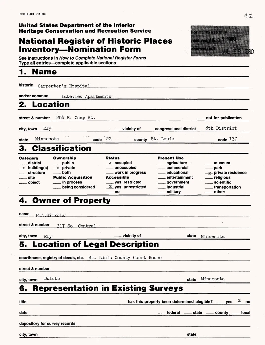 First page of the National Register nomination form for Carpenter's Hospital